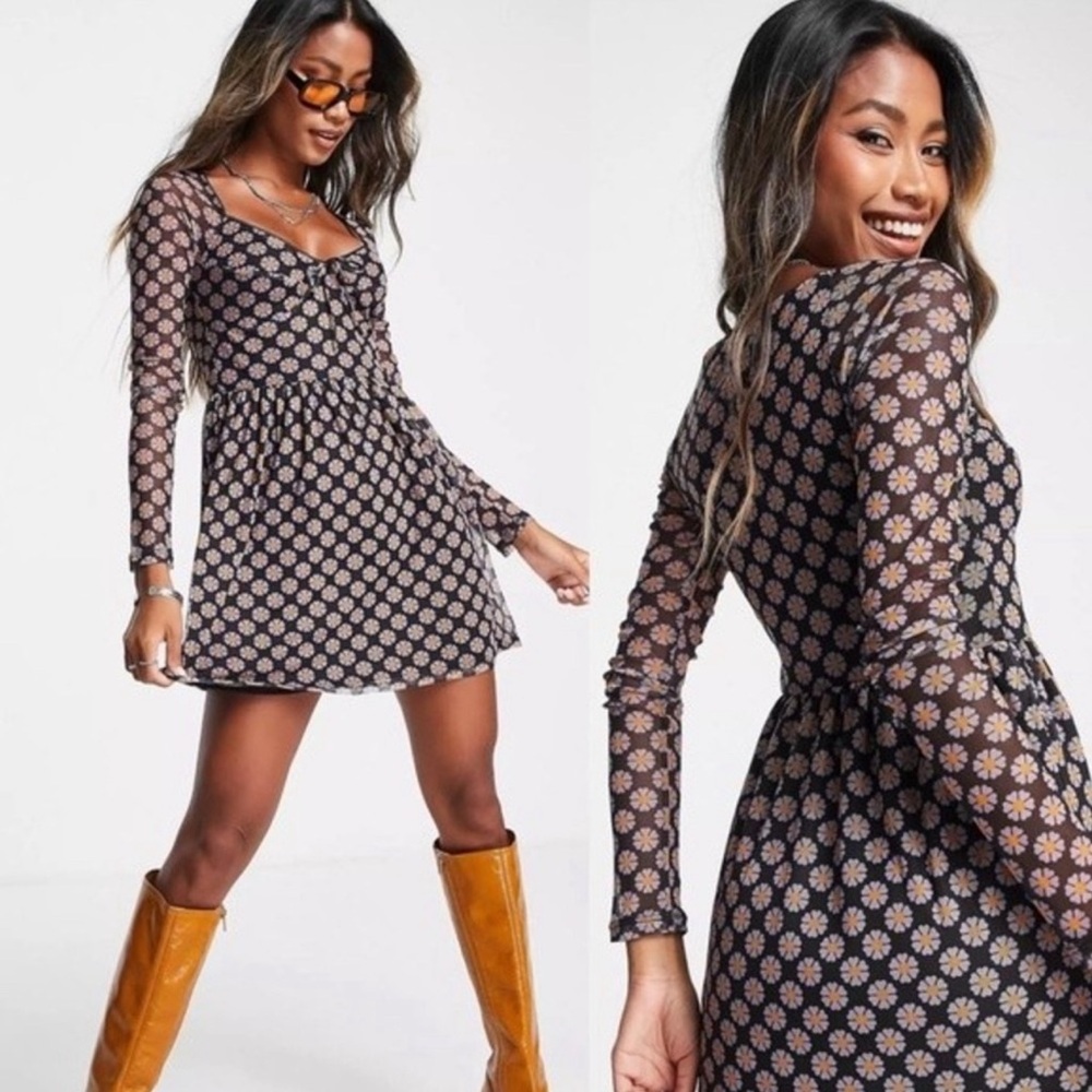 TOPSHOP “Love at First Scroll” First Floral Daisy Print Mesh Mini Dress Size M